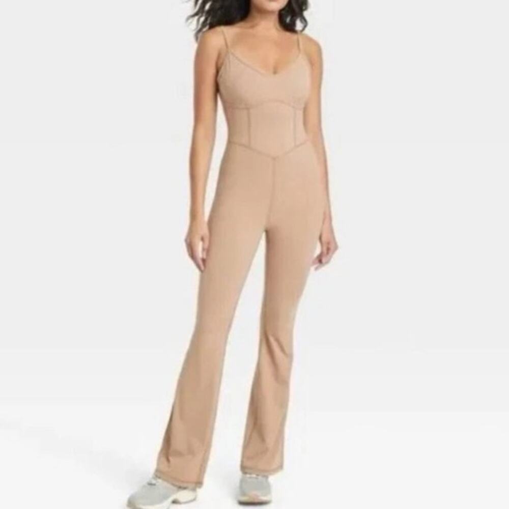JoyLab sleeveless flare long bodysuit latte size large